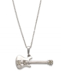 Embrace your inner rock diva. This polished pendant features a diamond-accented (1/10 ct. t.w.) guitar in sterling silver. Approximate length: 18 inches. Approximate drop length: 2/3 inch. Approximate drop width: 1 inch.