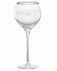 A vision of contemporary elegance from kate spade, this crystal wine glass is shaped by soft, fluid lines and etched stems of leafy foliage. Finished with a polished platinum rim. A vision of contemporary elegance from kate spade, this crystal wine glass is shaped by soft, fluid lines and etched stems of leafy foliage. Finished with a polished platinum rim.