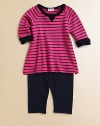 A pretty striped tunic sits atop a matching pair of cozy pants for a casual cool ensemble.Crewneck with V-insetLong sleevesPullover styleElastic waistband75% modal/25% polyesterMachine washImported