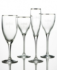 The whimsical pattern of dragonflies decorating June Lane stemware makes the cocktail hour a magical experience. Wine glass shown back left. The whimsical pattern of dragonflies decorating June Lane stemware makes the cocktail hour a magical experience. Wine glass shown back left.