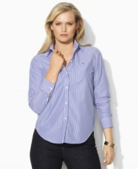 Plus size fashion with classic appeal. This timeless Aaron shirt from Lauren by Ralph Lauren's collection of plus size clothes features slim stripes and is rendered in smooth wrinkle-resistant cotton for easy style. Plus size fashion with classic appeal. This timeless Aaron shirt from Lauren by Ralph Lauren's collection of plus size clothes features slim stripes and is rendered in smooth wrinkle-resistant cotton for easy style.