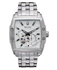 Perfection in every masculine detail. Stainless steel bracelet and square case. White grid-patterned dial features applied silver tone stick indices, two black hands, three subdials and logo. Automatic movement. Water resistant to 30 meters. Three-year limited warranty. Perfection in every masculine detail. Stainless steel bracelet and square case. White grid-patterned dial features applied silver tone stick indices, two black hands, three subdials and logo. Automatic movement. Water resistant to 30 meters. Three-year limited warranty.