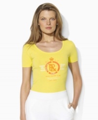 A bright neon hue plays up the athletic appeal of this Lauren by Ralph Lauren short-sleeved cotton tee, embellished with intricate beading and an embroidered Royal Racing Club crest for a chic finish. A bright neon hue plays up the athletic appeal of this Lauren by Ralph Lauren short-sleeved cotton tee, embellished with intricate beading and an embroidered Royal Racing Club crest for a chic finish.