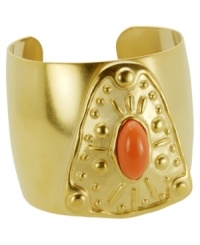 Take your style cues from another culture. T Tahari's stunning cuff bracelet from the Marrakesh Collection features an intricate textured setting and a coral resin stone. Set in gold tone mixed metal. Base metal is nickel-free for sensitive skin. Approximate diameter: 2-1/2 inches. Take your style cues from another culture. T Tahari's stunning cuff bracelet from the Marrakesh Collection features an intricate textured setting and a coral resin stone. Set in gold tone mixed metal. Base metal is nickel-free for sensitive skin. Approximate diameter: 2-1/2 inches.