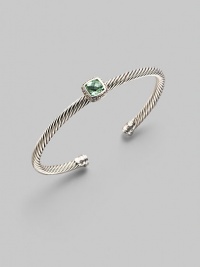 From the Noblesse Collection. Shimmering pavé diamonds frame a faceted prasiolite stone, delicately perched atop a cabled silver cuff. Diamonds, 0.14 tcw Prasiolite Sterling silver Cable, 5mm Diameter, about 2¼ Made in USA