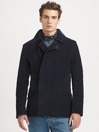 An ideal layering choice for those chilly nights to come, designed and structured in buttery-soft suede for a sophisticated, streamlined fit.Zip frontWaist flap pocketsRear ventAbout 30 from shoulder to hemSuedeDry cleanMade in Italy An ideal layering choice for those chilly nights to come, designed and structured in buttery-soft suede for a sophisticated, streamlined fit.Zip frontWaist flap pocketsRear ventAbout 30 from shoulder to hemSuedeDry cleanMade in Italy