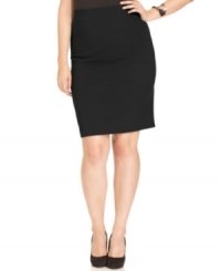 Lend feminine sophistication to your work wardrobe with Alfani's plus size pencil skirt, crafted from tiered panels. Lend feminine sophistication to your work wardrobe with Alfani's plus size pencil skirt, crafted from tiered panels.