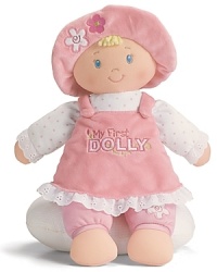 Gund My First Dolly plush doll. A squeezably soft plush dolly that's wearing a cute jumper and matching hat. Embroidered with My First Dolly on front. Pillow not included. Gund My First Dolly plush doll. A squeezably soft plush dolly that's wearing a cute jumper and matching hat. Embroidered with My First Dolly on front. Pillow not included.