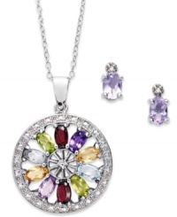 Stun them with a myriad of color. Victoria Townsend's matching pendant and earrings set features oval-cut amethyst (1-1/3 ct. t.w.), blue topaz (1/2 ct. t.w.), citrine (3/8 ct. t.w.), garnet (1/2 ct. t.w.) peridot (1/2 ct. t.w.) and diamond accents. Crafted in sterling silver. Approximate length: 18 inches. Approximate drop: 1-3/16 inches. Approximate drop (earrings): 5/16 inch. Stun them with a myriad of color. Victoria Townsend's matching pendant and earrings set features oval-cut amethyst (1-1/3 ct. t.w.), blue topaz (1/2 ct. t.w.), citrine (3/8 ct. t.w.), garnet (1/2 ct. t.w.) peridot (1/2 ct. t.w.) and diamond accents. Crafted in sterling silver. Approximate length: 18 inches. Approximate drop: 1-3/16 inches. Approximate drop (earrings): 5/16 inch.