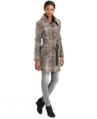 Sport this classic streamlined DKNY walker coat featuring a chic textured plaid design. A removable belt flatters your waistline and chic faux leather details add style to your look! Sport this classic streamlined DKNY walker coat featuring a chic textured plaid design. A removable belt flatters your waistline and chic faux leather details add style to your look!