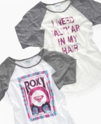 A beachy Roxy graphic on front gives this raglan-sleeve tee a sunny style that's perfect whether she's at the beach or in the classroom. A beachy Roxy graphic on front gives this raglan-sleeve tee a sunny style that's perfect whether she's at the beach or in the classroom.