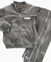 Out on the playground or in the playroom, he'll be cute and comfy in this velour jacket and pants set by Puma. Out on the playground or in the playroom, he'll be cute and comfy in this velour jacket and pants set by Puma.