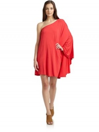 THE LOOKAsymmetrical necklineDraped single angel sleeveMini-dressPullover styleTHE FITAbout 33 from shoulder to hemTHE MATERIAL96% micromodal/4% Lycra spandexCARE & ORIGINHand washMade in USAModel shown is 5'10 (177cm) wearing US size Small. THE LOOKAsymmetrical necklineDraped single angel sleeveMini-dressPullover styleTHE FITAbout 33 from shoulder to hemTHE MATERIAL96% micromodal/4% Lycra spandexCARE & ORIGINHand washMade in USAModel shown is 5'10 (177cm) wearing US size Small.