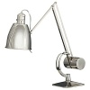 Adjustable desk lamp with polished nickel finish over metal. Intriguing in shape and design. Metal shade. Hi-Lo dimmer switch.
