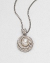 From the Pearl Crossover Collection. A luminous freshwater pearl surrounded by a swirl of dazzling diamonds and sleek sterling silver cables on a box chain. Freshwater pearlDiamonds, .28 tcwSterling silverLength, about 17-18 adjustablePendant size, about .4Lobster clasp closureImported