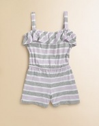 Stripes and ruffles add girly pizazz to a cute and cozy one-piece outfit.Ruffled elastic necklineSleevelessPull-on styleElastic waist96% rayon/4% spandexMachine washImported