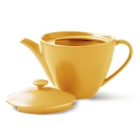 A highly glossed surface and unusual contours make this sunny teapot a bright spot on any table.