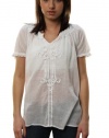 Lucky Brand Women's Short Sleeve Split V-Neck Lace Up Blouse White