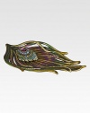 An exotic peacock feather-shaped tray, fabulously formed in glowing enamel and jewel-toned Swarovski crystals.Enamel and crystalHandmade, hand-enameled and hand-set8.75L X 5WMade in USA