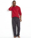 Pajama set by Nautica includes a long sleeve solid pullover and a plaid drawstring pant. Makes a great gift.