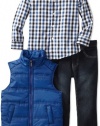 Kenneth Cole Boys 2-7 Puffy Vest with Plaid Shirt and Jean
