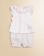 Precious ruffles and playful dots make for a fun, feminine look. Round necklineShort sleevesSolid color bodice with animal image embroidered at the hemlineRuffle trim at the neckline, cuffs and legsBack snap closureWaist and legs have elastic bandsPima cottonMachine washImported