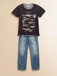 Two layers of soft cotton and a lively catch of sharks will make this tee his favorite.CrewneckShort sleevesFront graphicCottonMachine washImported Two layers of soft cotton and a lively catch of sharks will make this tee his favorite.CrewneckShort sleevesFront graphicCottonMachine washImported