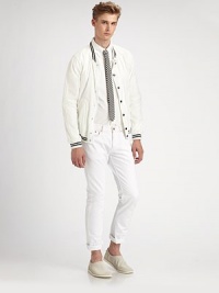A sporty classic gets polished and refined, accented by ribbed-knit stripe detail at the collar, cuffs and hem.Zip frontSnap-button placketRibbed-knit collar, cuffs and hemSide slash pocketsAbout 23½ from shoulder to hemPolyamideDry cleanMade in Italy A sporty classic gets polished and refined, accented by ribbed-knit stripe detail at the collar, cuffs and hem.Zip frontSnap-button placketRibbed-knit collar, cuffs and hemSide slash pocketsAbout 23½ from shoulder to hemPolyamideDry cleanMade in Italy