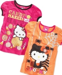 Whether she likes to dress spooky like a spider or sweet like candy, this Hello Kitty tee is the perfect treat for her on Halloween. Whether she likes to dress spooky like a spider or sweet like candy, this Hello Kitty tee is the perfect treat for her on Halloween.