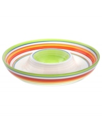 A brilliant line up. The Calypso chip and dip brightens every day with hand-painted bands of tropical color in easy-care earthenware. From Clay Art. A brilliant line up. The Calypso chip and dip brightens every day with hand-painted bands of tropical color in easy-care earthenware. From Clay Art.