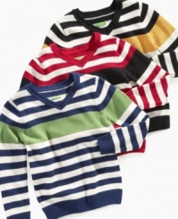 This v-neck sweater from Greendog gives him classic style while the colorful stripes add a bright pop. This v-neck sweater from Greendog gives him classic style while the colorful stripes add a bright pop.