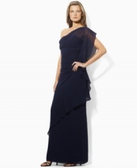 A dramatic floor-skimming gown in elegant airy georgette is beautifully accented with a lush cascade of ruffles and delicate ruching from Lauren by Ralph Lauren. A dramatic floor-skimming gown in elegant airy georgette is beautifully accented with a lush cascade of ruffles and delicate ruching from Lauren by Ralph Lauren.