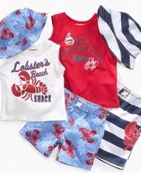 Warm-weather wear everyone will dig. Fun graphics get him ready for the surf, sun and sand in this shirt, board shorts and hat swimwear set from Kids Headquarters. Warm-weather wear everyone will dig. Fun graphics get him ready for the surf, sun and sand in this shirt, board shorts and hat swimwear set from Kids Headquarters.