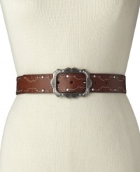Add vintage glamour to jeans and a t-shirt with this embossed and crystal-studded belt by Fossil. Add vintage glamour to jeans and a t-shirt with this embossed and crystal-studded belt by Fossil.