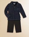 This handsome, matching set features a grown-up polo shirt with dapper stripes, patch pocket and cozy pants. Shirt Shirt collarLong sleevesButton-frontPatch pocket Pants Elastic waistband75% cotton/25% polyesterMachine washImported Please note: Number of buttons may vary depending on size ordered. 