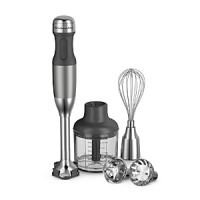 A kitchen gadget every cook should have. The 5-Speed Premium Hand Blender and Chopper performs a multitude of tasks with five variable speeds. Three interchangeable bell blades let you blend, chop, puree, mince, froth and whisk. The ergonomic soft-grip handle ensures comfort and ease of use.