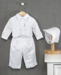 Dress him in the finest for a very special occasion. This crisp white suit set from Haddad Brothers is a genuine classic. Dress him in the finest for a very special occasion. This crisp white suit set from Haddad Brothers is a genuine classic.
