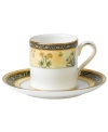 The exotic India dinnerware pattern presents a pattern of exquisitely detailed florals on a yellow and deep blue band against pure white bone china.