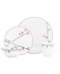 Hummingbirds twirl and buzz from flowery pink leaves to blue on this dreamy bone china saucer from Lenox Lifestyle dinnerware. The dishes from the Silver Song collection are crisscrossed with platinum branches and abound with fanciful springtime delight and irresistible modern charm. (Clearance) Hummingbirds twirl and buzz from flowery pink leaves to blue on this dreamy bone china saucer from Lenox Lifestyle dinnerware. The dishes from the Silver Song collection are crisscrossed with platinum branches and abound with fanciful springtime delight and irresistible modern charm. (Clearance)