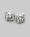 From the Petite Albion Collection. A shimmering center of faceted prasiolite, surrounded by pavé diamonds set in sterling silver. Diamonds, 0.42 tcw Prasiolite Sterling silver About ¼ square Post back Imported
