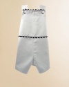 An handsome little look for a picnic or a portrait in lightweight cotton piqué with contrast rick rack trim. Covered button shoulder closures Cotton; machine wash Made in USAFOR PERSONALIZATION Select a quantity, then scroll down and click on PERSONALIZE & ADD TO BAG to choose and preview your personalization options. Please allow 2 to 3 weeks for delivery.