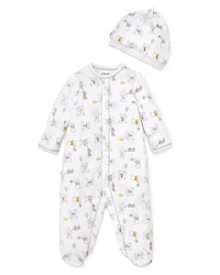 Bouncing with adorable 50s-style bear print, this cozy footie and matching cap will keep him warm and stylish from playtime to bedtime. Bouncing with adorable 50s-style bear print, this cozy footie and matching cap will keep him warm and stylish from playtime to bedtime.