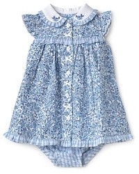 Little Me's dress and bloomer set recalls the sweet simplicity of country living with rich floral patterns trimmed with tonal gingham. Little Me's dress and bloomer set recalls the sweet simplicity of country living with rich floral patterns trimmed with tonal gingham.