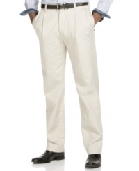 Look cool for summer in these sharp double-pleated pants. Good to pair with a polo for a day off, or add a button-down and tie for the office. Look cool for summer in these sharp double-pleated pants. Good to pair with a polo for a day off, or add a button-down and tie for the office.