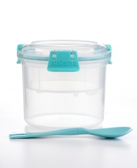Mornings don't have to be a mess! Start out right with a balanced breakfast in this handy to-go container with rubberized airtight seal, two compartments to separate wet and dry ingredients and a snap-in spoon. Ideal for taking yogurt, granola, milk or cereal on the go and enjoying when you have a minute to spare. Limited lifetime warranty.