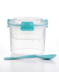 Mornings don't have to be a mess! Start out right with a balanced breakfast in this handy to-go container with rubberized airtight seal, two compartments to separate wet and dry ingredients and a snap-in spoon. Ideal for taking yogurt, granola, milk or cereal on the go and enjoying when you have a minute to spare. Limited lifetime warranty. Mornings don't have to be a mess! Start out right with a balanced breakfast in this handy to-go container with rubberized airtight seal, two compartments to separate wet and dry ingredients and a snap-in spoon. Ideal for taking yogurt, granola, milk or cereal on the go and enjoying when you have a minute to spare. Limited lifetime warranty.
