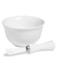 Scalloped detail adds a touch of texture to the simply elegant Antique White dip bowl and spreader by Mikasa. Ultra-durable porcelain is equally suited for formal dinner parties and every day. Scalloped detail adds a touch of texture to the simply elegant Antique White dip bowl and spreader by Mikasa. Ultra-durable porcelain is equally suited for formal dinner parties and every day.