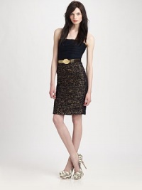 Sleek sophistication takes shape in a ruched top-fit bodice, belted waist and sleek pencil skirt.StraplessMetallic beltBack mesh panelsCenter back zipperBack slitAbout 22 from natural waistTop: 95% silk/5% spandex; skirt: 91% cotton/7% nylon/2% polyesterDry cleanImportedModel shown is 5'10 (177cm) wearing US size 4. Sleek sophistication takes shape in a ruched top-fit bodice, belted waist and sleek pencil skirt.StraplessMetallic beltBack mesh panelsCenter back zipperBack slitAbout 22 from natural waistTop: 95% silk/5% spandex; skirt: 91% cotton/7% nylon/2% polyesterDry cleanImportedModel shown is 5'10 (177cm) wearing US size 4.