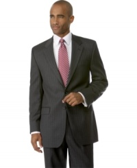 Modern style that's perfectly in-line with the classics. Wool two-button blazer features crisp, clean chalk stripes on a rich solid ground. Notch lapel. Chest welt pocket. Front flap pockets. Center-back vent. Modern style that's perfectly in-line with the classics. Wool two-button blazer features crisp, clean chalk stripes on a rich solid ground. Notch lapel. Chest welt pocket. Front flap pockets. Center-back vent.