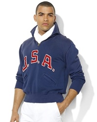 An essential half-zip pullover is crafted from ultra-soft fleece with bold country details, celebrating Team USA's participation in the 2012 Olympic Games. An essential half-zip pullover is crafted from ultra-soft fleece with bold country details, celebrating Team USA's participation in the 2012 Olympic Games.